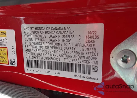 2022 Honda Civic Sport z USA, uszkodzony, nr VIN 2HGFE2F59NH609053